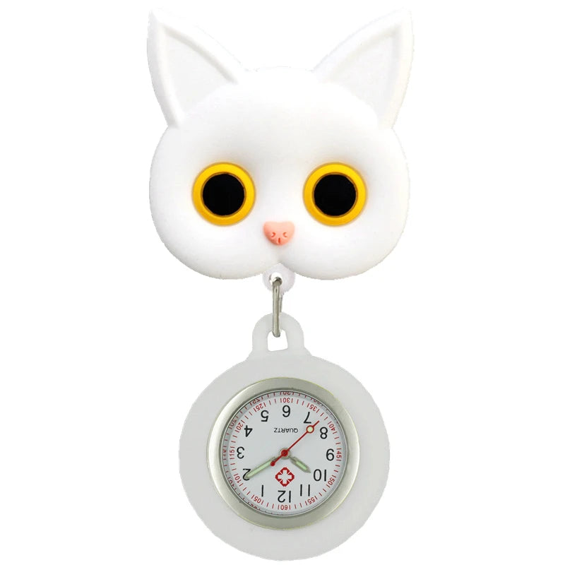No-EN-Name-Null Adults Waterproof Cartoon Pink Big Cat Paw Metal Alloy Case Arabic Numeral Analog Display Clip-On Nurses-Doctors Fob Hanging Pocket Watches/Colors-White-Black Cat Heads/Yellow-Black-Pink Paws