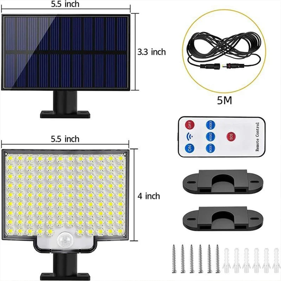 Outdoor Modern Remote Control Weatherproof Durable Plastic Rectangle Black-White Body Dimmable Super Bright 106 LED Adjustable Four-Modes Solar-Powered Split Waterproof Emergency Motion Sensor Wall-Mounted Security Lights