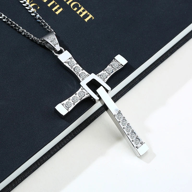 MEAEGUET Adult Unisex Fine Imitation Three Layer Silver-Plated Stainless Steel Silver-Black-Gold Colored Metal Clear White Shiny Cubic Zirconia Diamond-Like Gemstones Cross Pendant Chain Necklaces