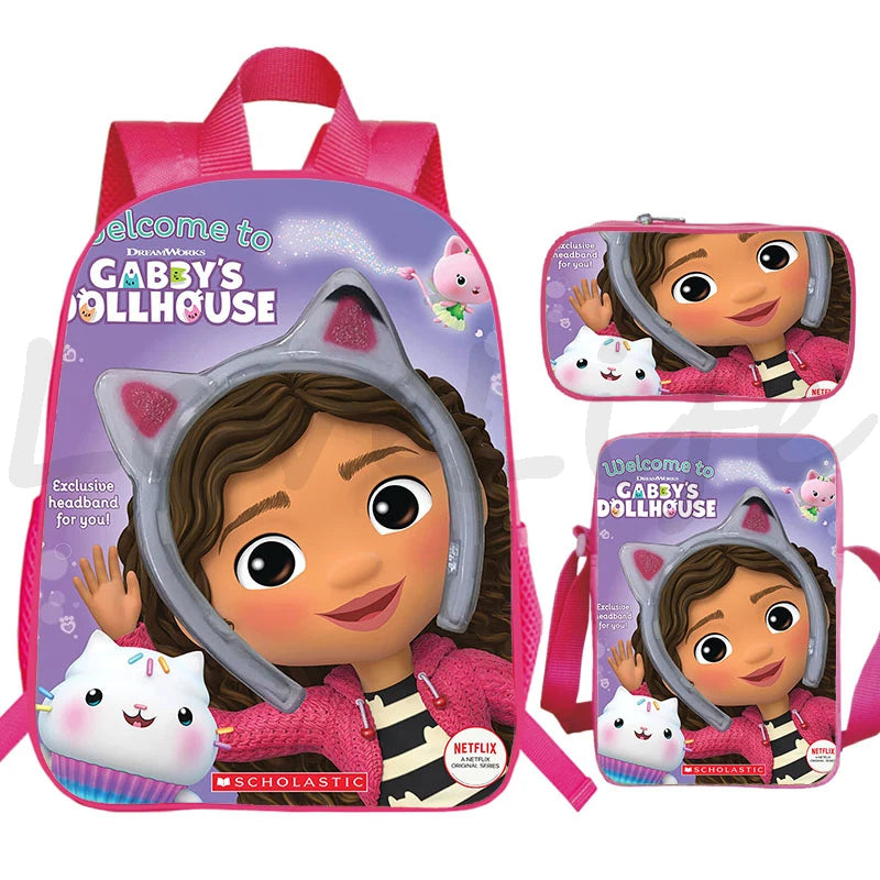 JUNBIE Kids Waterproof Pink Nylon Fabric Cute Cartoon Gabby's Dollhouse Design Zippers Curve Back Shoulder Straps-Handle Built-In Laptop Compartment External Pockets Backpacks/Colors-Pink/Multicolor
