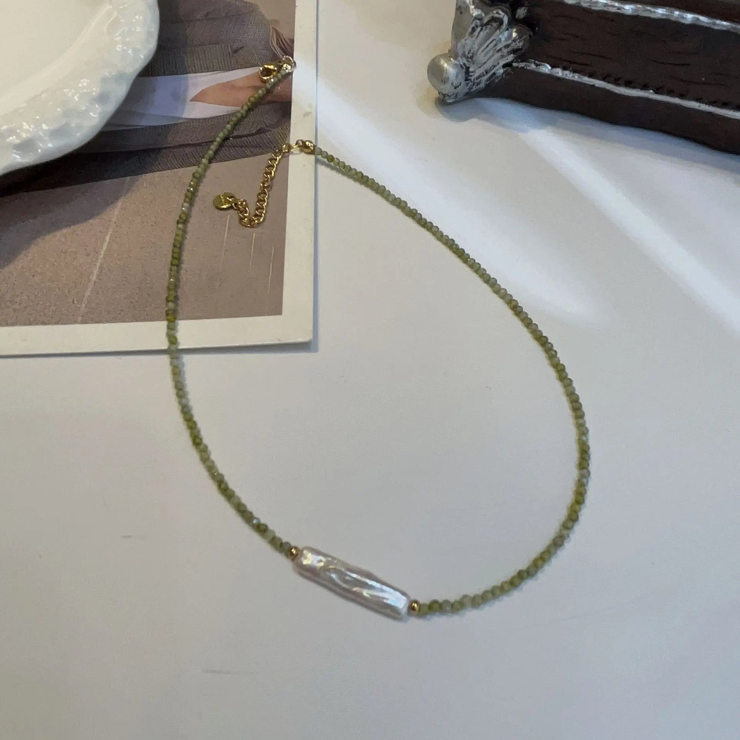 Minar Green Geometric Mood Tracker Copper Irregular Imitation Pearl Strand Beaded Choker Necklaces