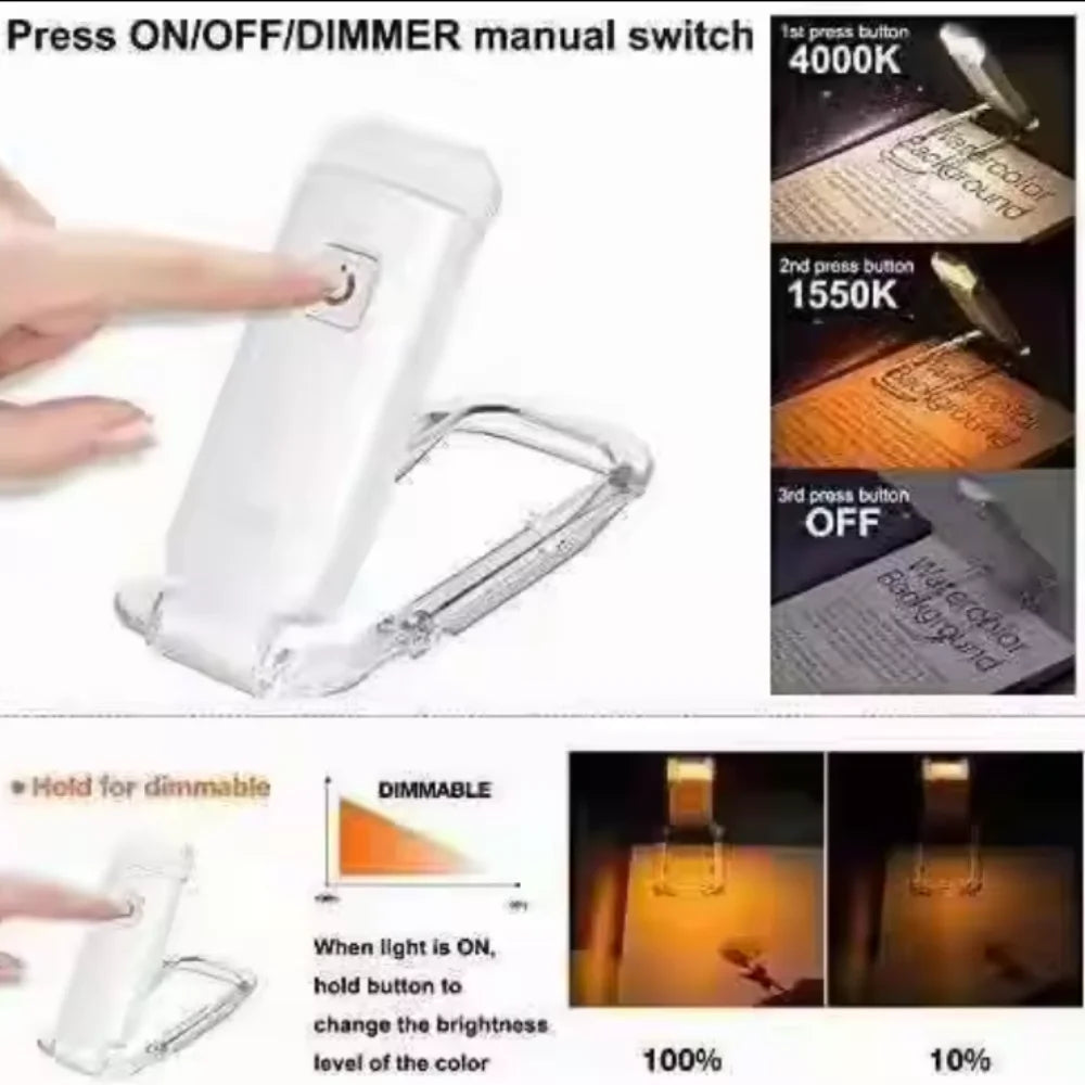 OSITE SKY Mini White Plastic Rectangle Body Warm-Cool-Daylight White LED Light Portable Foldable USB Rechargeable Dimmable Brightness Flexible Metal Clip Bookmark Reading Book Lights/Eye Protection