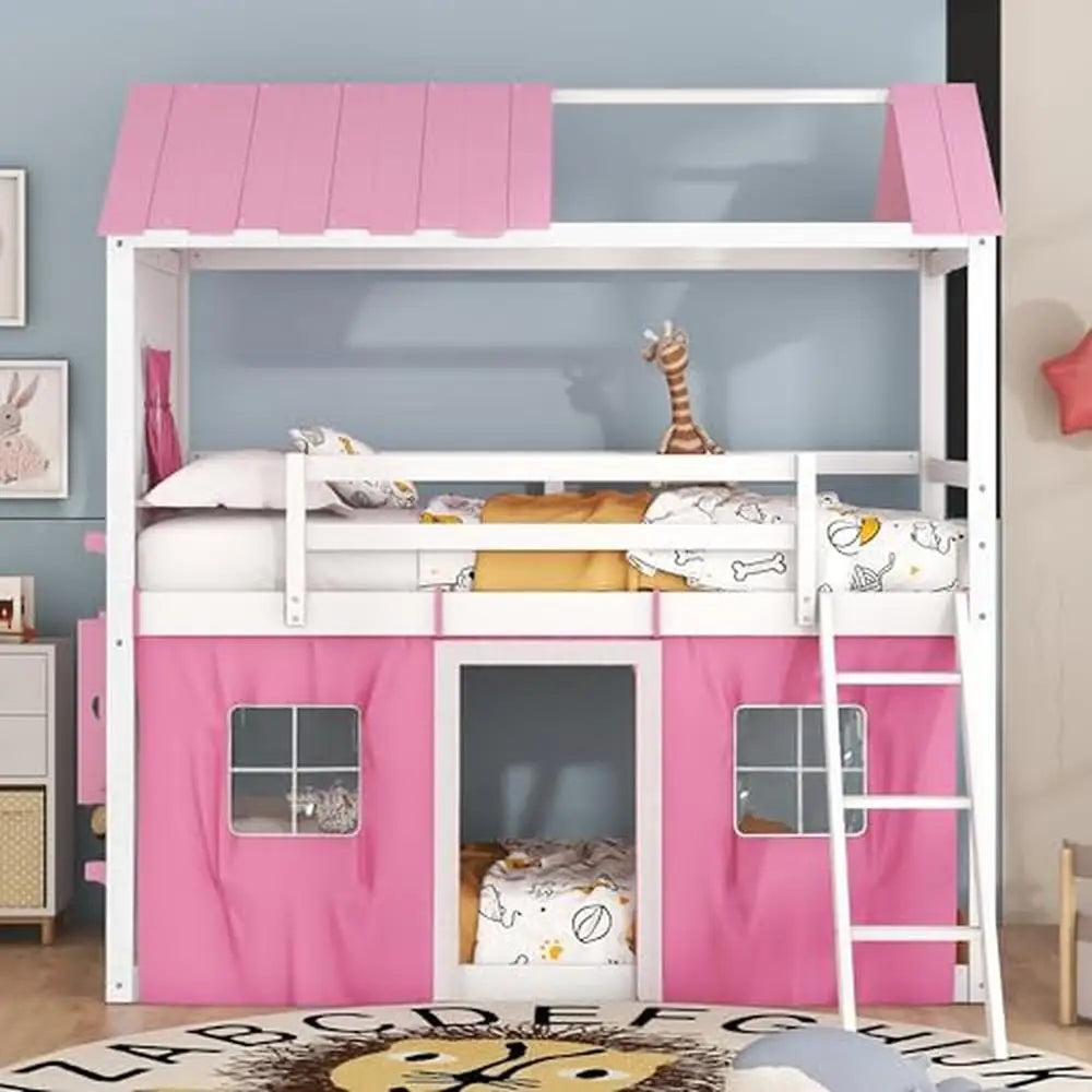 DUTRIEUX Kids Small Modern Painted Pine Wood Pink-White Playhouse Shaped Twin Bunk Loft Beds-Metal Bed Frames / Tent Ladder/Guardrails/4-Play Windows/Slats Included