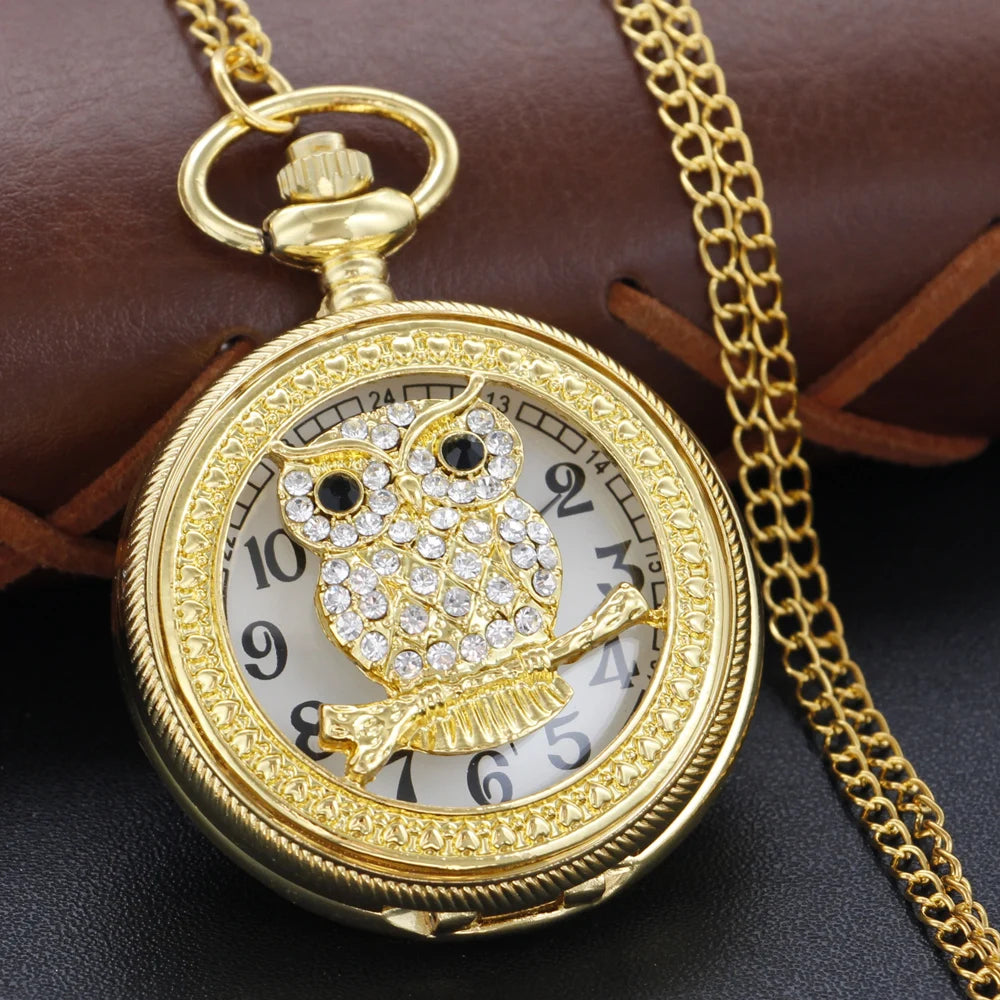 SHUHANG Adults Quartz Analog-Digital Display Gold-Red Ruby Stones On Front-Floral Design On Back Round Shaped Stainless Steel Metal Case Hardlex Face Necklace Chain-Pocket Watches