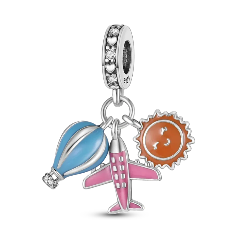 No-EN-Name-Null Women Sterling Silver Enamel Rainbow-Hot Air Balloon Design Fine Imitation Zircon Stone Glass Nuggets Beads Shaped Charms-Pendants/ Colors-Rainbow/Multicolor/Silver/Pink/Animal/Floral