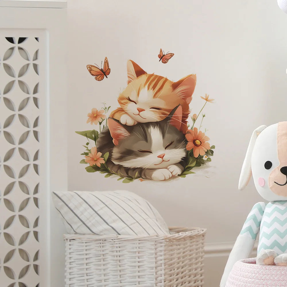 HONC Kids Waterproof Mildewproof Plastic Double-Sided Visual Multicolor Cute Cartoon Sleeping Cats Design Self-Adhesive Floral Butterflies Wall Decals/Colors-Animal/Multicolor