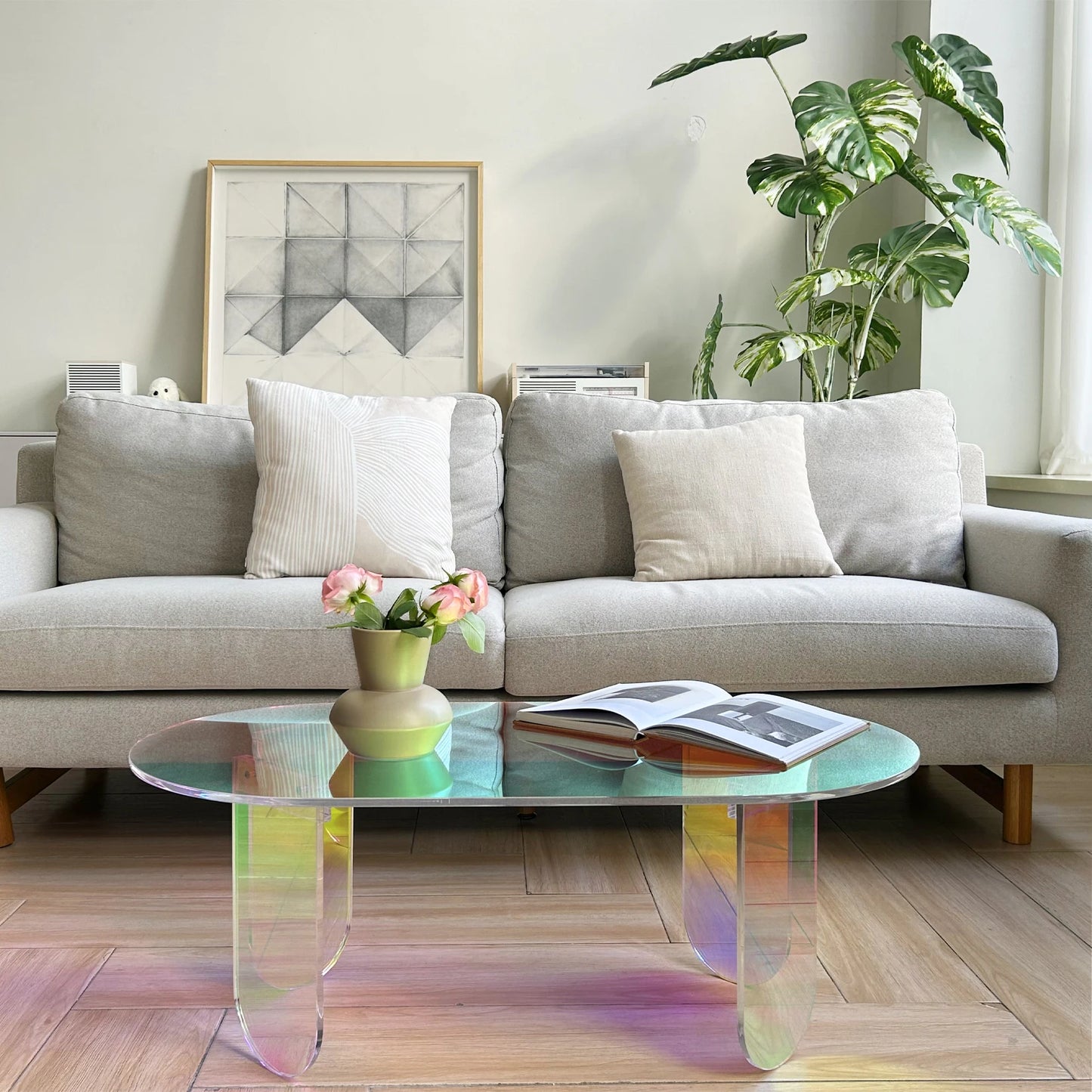 No-EN-Name-Null Modern Curved Corners Long Rectangle Shaped Iridescent Design Clear Acrylic Coffee Tables/Size: 37.4 in (L) x 19.7 in (W) x 14.2IN (H)