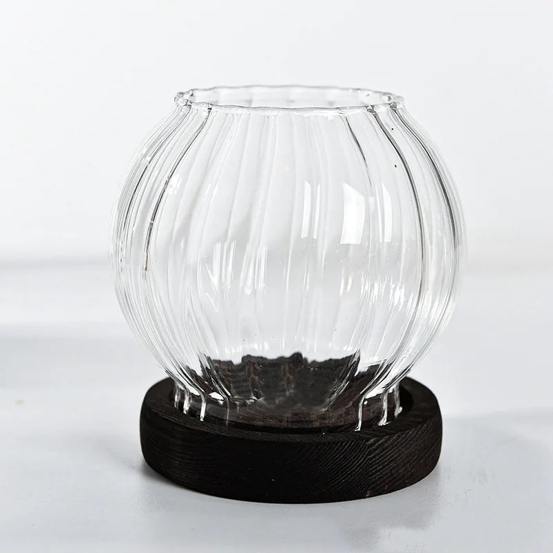 No-EN-Name-Null Modern Vintage Clear Transparent Round Glass Shade-Round Brown Wood Base Windproof Big Tealight Candle Holders