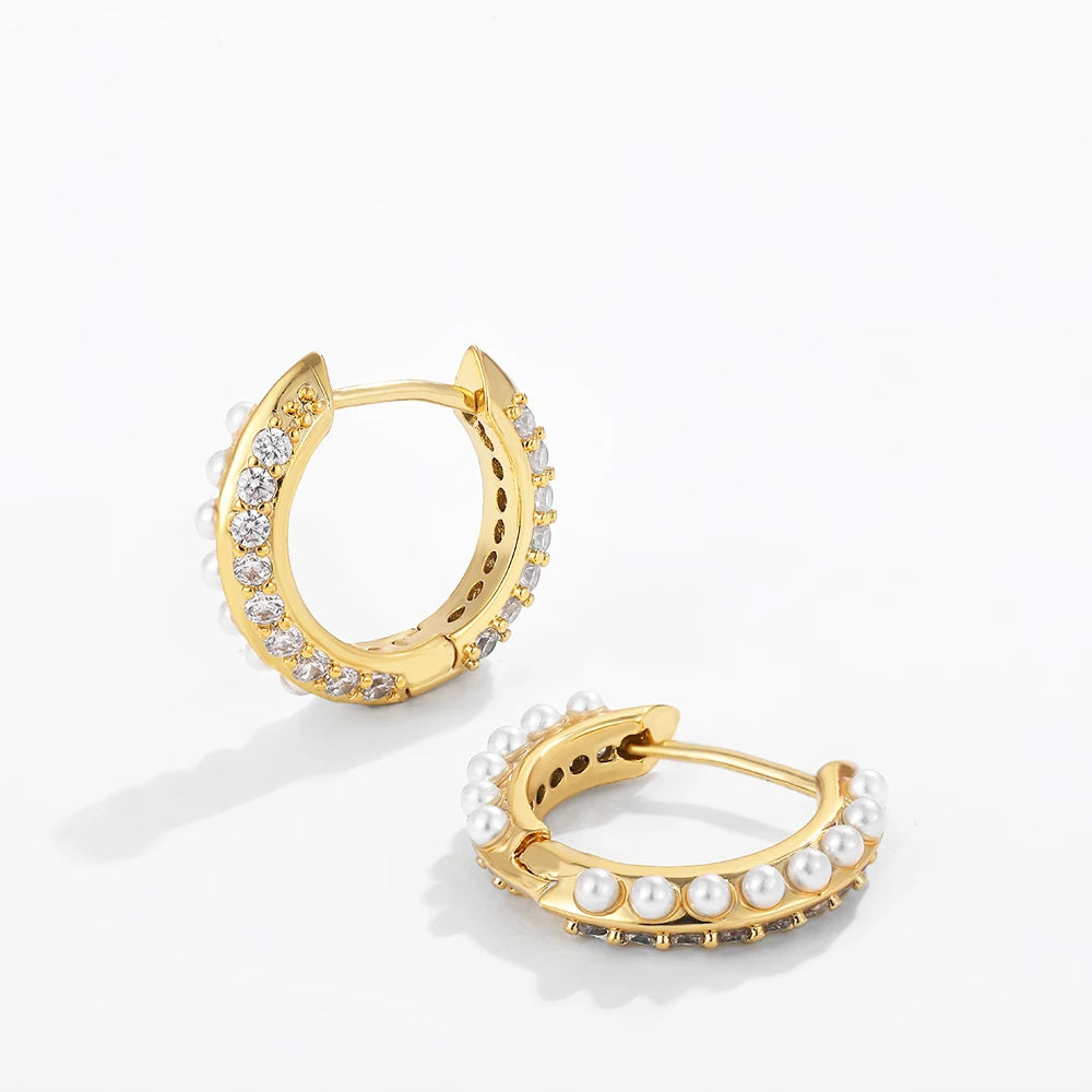EARPELS Adult Women Fine Imitation Copper Gold Plated Plastic Resin Small Round Circle Inlay Clear Cubic Zirconia-White Pearls Hoop Huggies Earrings/Colors-Clear/Gold/Geometric