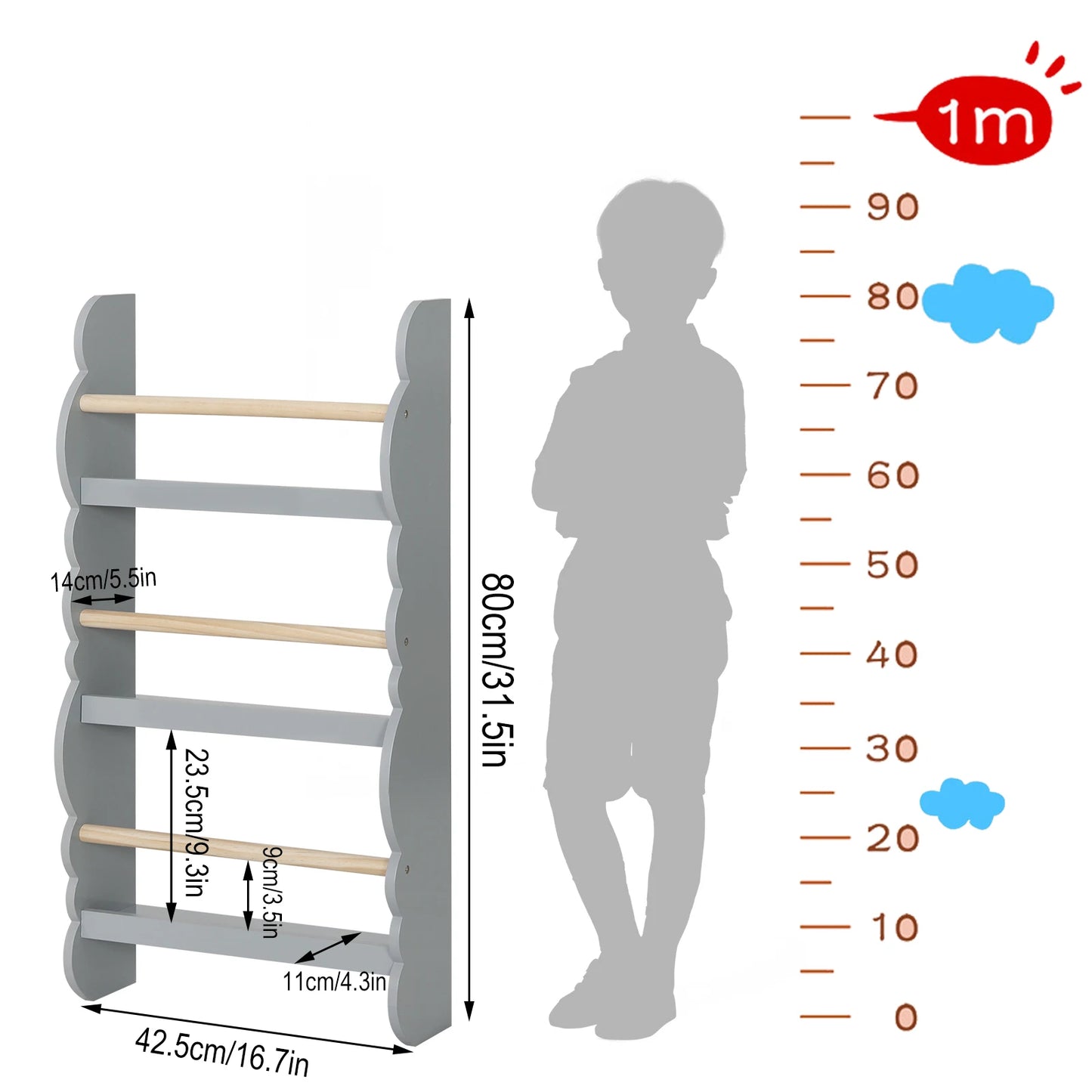 WOLTU Kids Modern Four-Open Display Shelves Eco-Friendly Water-Base Green Paint E1 Pine Wood Bars Wall-Mounted Rack Bookcases/Colors-White/Green/Gray/Ages: 3 Years Old And Older