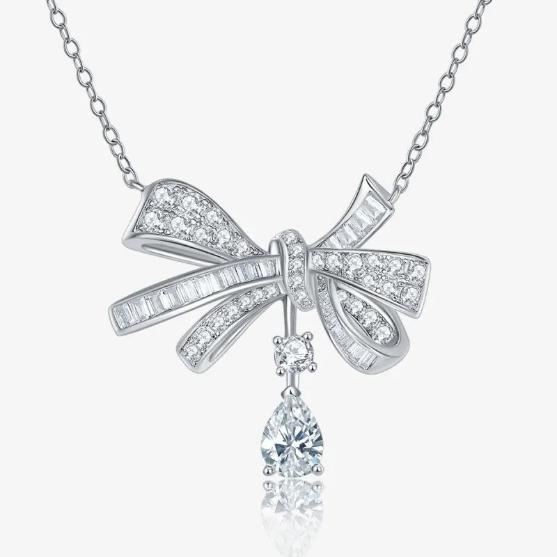Follow-Cloud Adult Women Fine Sterling Silver Gold-Plated Metal Handmade Teardrop Moissanite In The Center Shiny Bowknot Circle Pendant Round Clear White Imitation Diamond Stone Necklaces