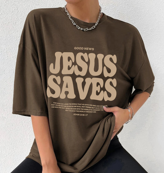 Women's Oversized Short Sleeves Ruffles O-Neck Good News Jesus Saves ( John 3: 16-17 Bible Verse)  T-Shirts/Sizes: S-2XL/Colors-Brown/Gray/Green/Beige/Black/White