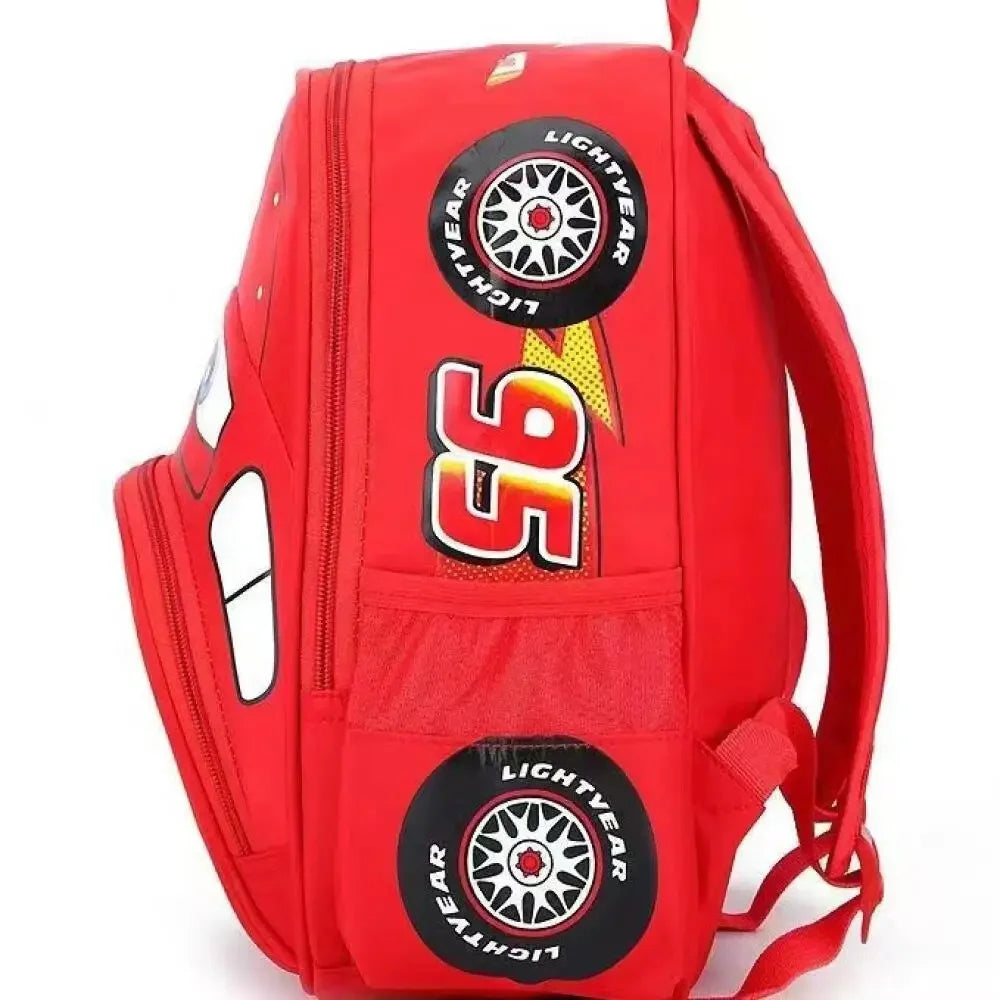 MINISO Kids Kindergarten Cute Cartoon Disney CARS Movies-TV Design Double Zippers Anti-Splashing Waterproof Red-Blue Nylon Fabric Shoulder Straps Exterior Pockets Side Water Bottle Holder School Backpacks