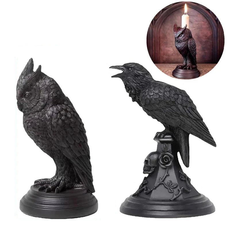 WHISM Classic Halloween Black Gothic Crow-Owl Bird Shaped Resin Candlestick Holder