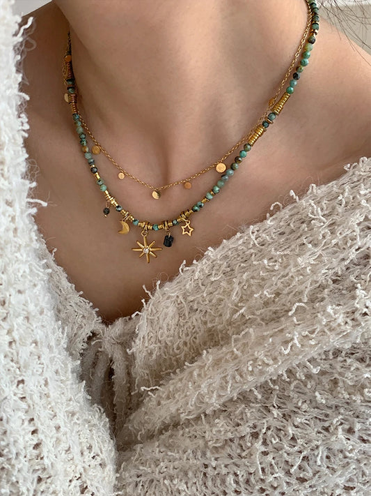 Peri's Box Adult Women Imitation Vintage Green Natural Stone Beaded Pendant Half Moon-Sun-Star Gold-Colored Metal Charm Necklaces/Colors-Gold/Green/Multicolor/Geometric