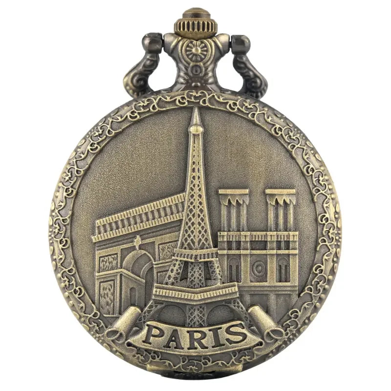 WECIN Adults Quartz Analog Display Glass Face Arabic Numeral Hollow-Out Bronze Round Shaped Metal Alloy Case Paris-Eiffel Tower-Notre Dame-LE LOUVRE Design Chain-Pocket Watches