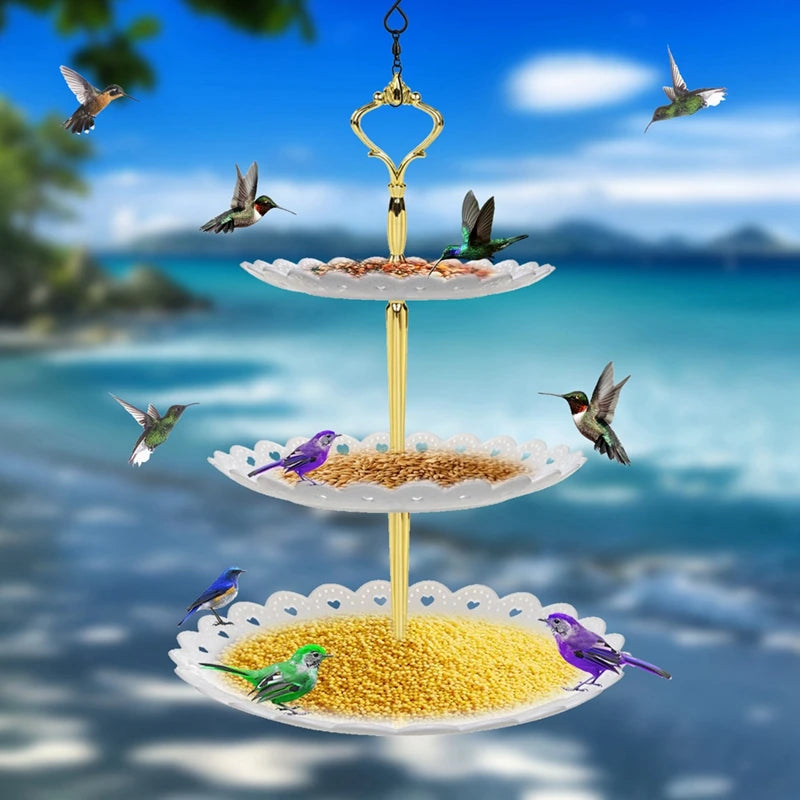 No-EN-Name-Null Outdoor Garden Hanging Metal Chain 3-Tier Plastic Round Shaped Multicolor Trays Bird Bath On Bottom Bird Feeders/Colors-Blue/Black/White/Gold/Yellow/Multicolor