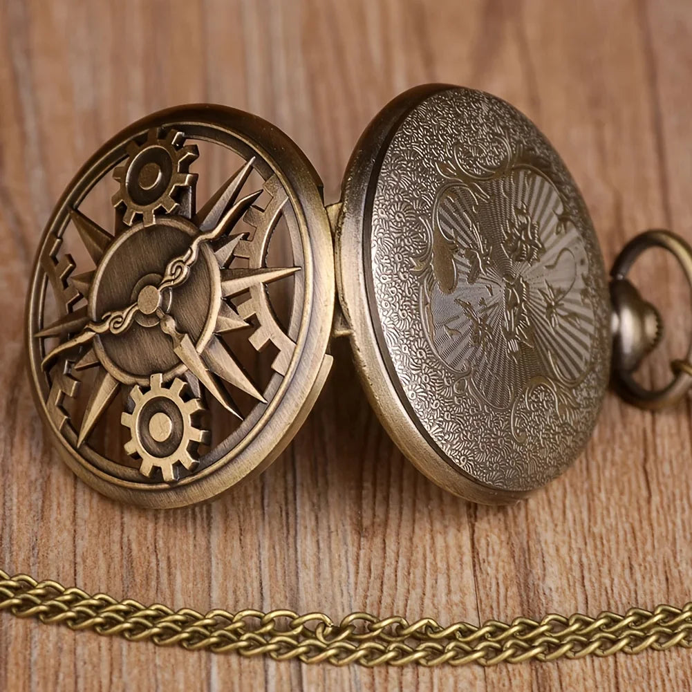 RUNERR Adults Antique Quartz Digital Display Glass Face Round Shaped Bronze Metal Alloy Case Steampunk Front Hallow-Out Gear Movement Design Pendant Chain-Pocket Watches