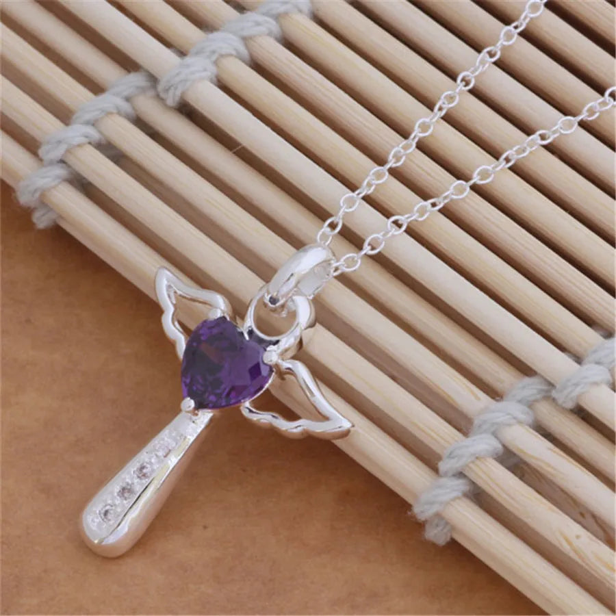 GINSTONELATE Adult Unisex Women Sterling Silver Metal Angel Shaped Purple Crystal Heart Zircon Inlaid Clear White Glass Stones Fine Pendant 18 Inch Rope Chain Necklaces/Colors-Silver/Purple/White