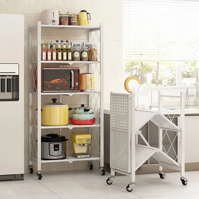Black-White 3-4-5-Tiers Shelves Kitchen Metal Fold Up Movable Storage Racks/ 4 Wheels