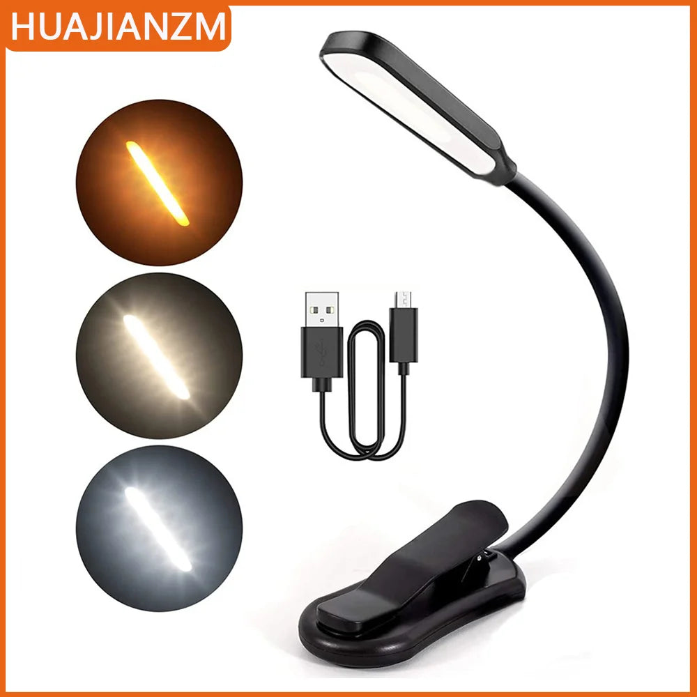 Plastic Anti-Blue Light 7 LED Book Light Micro USB Rechargeable Port 3-Level Warm-Cool-Daylight Portable Flexible Easy Clip-On Reading Lamps/Built-In Rechargeable Lithium Battery/Colors-Black/White