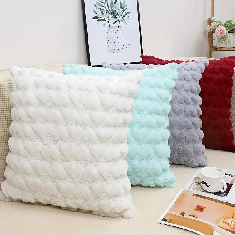 No-EN-Name-Null Modern White Solid Color Square Embossed Hearts Design Invisible Hidden Zipper Plush Soft Polyester Fabric Throw Pillow COVERS/Colors-White/Rose Red/Gray/Pink