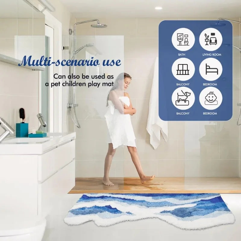 No-EN-Name-Null Indoor Modern Waterproof Washable Machine-Made Blue-White-Gray Soft Polyester Fabric Fade Resistant Coastal Aesthetic Blue Ocean Waves Anti-Slip Base Tufted Rugs/ 3 Sizes:  50x80cm / 50x120cm /70x160cm/Colors-Blue/White/Gray/Multicolor