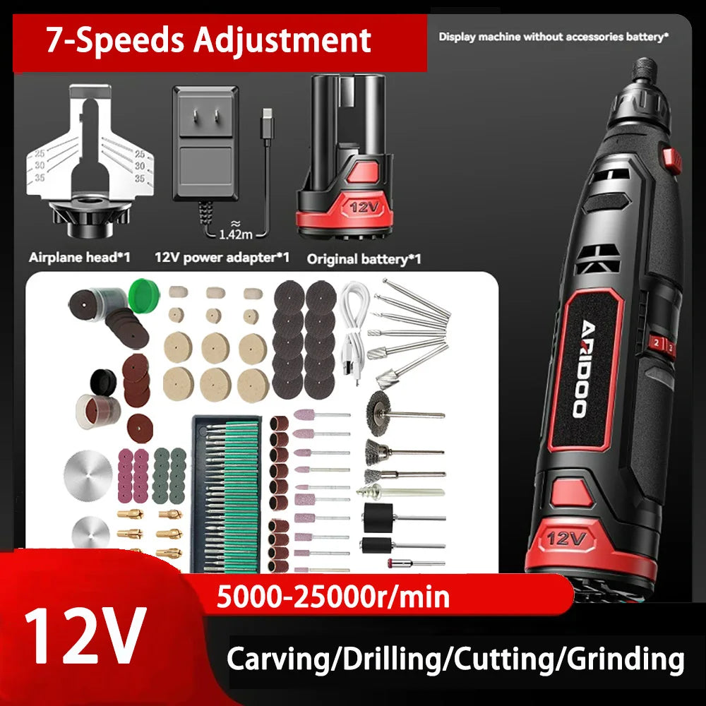 NULL Mini 12V Cordless Anti-Shaking Red-Black Plastic Body Adjustable 7 Speeds Keyless Chuck Rechargeable Battery-Powered Angle Steel Grit Grinding Head Chainsaw Sharpener Rotary Handheld Power Drills