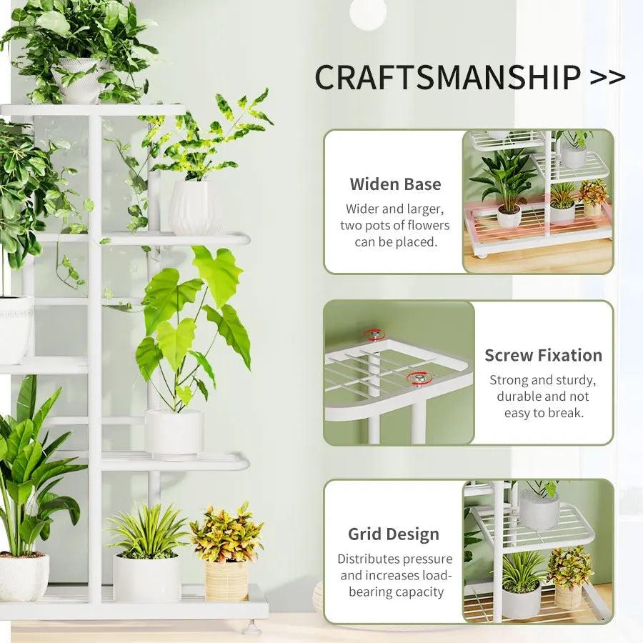 MTSHINING Wood 8 Tier Multi-Layered Shelves Iron Metal Plant Stands/Colors-Black/White,/Brown