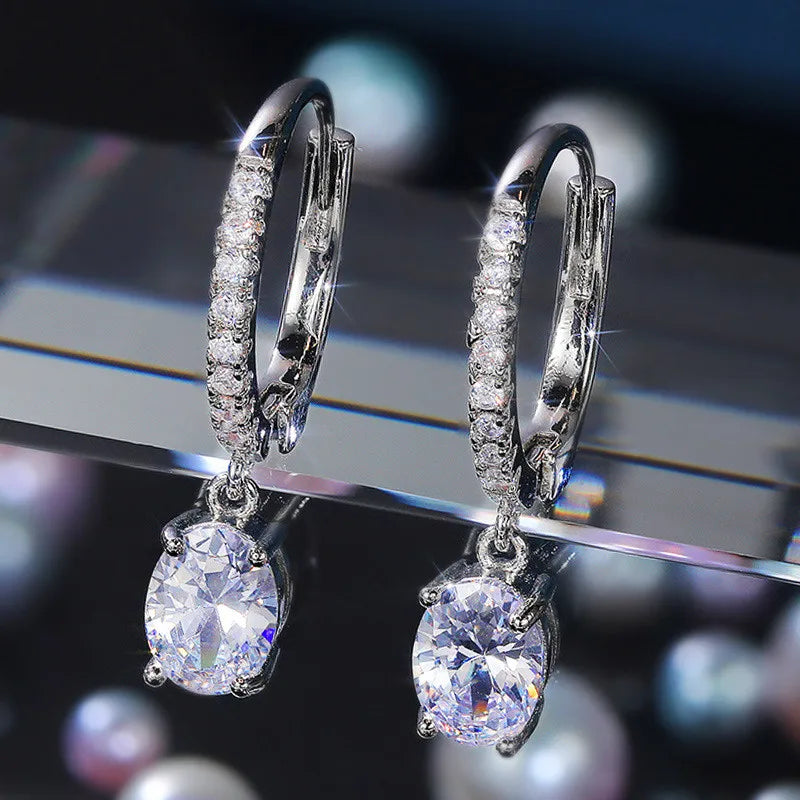 MODYLE Adult Women Imitation Cubic Zirconia Clear Diamond Stones Fine Jewelry Geometric Round Shaped Sterling Silver-Plated  Metal Dangle Water Drop Hoop Earrings