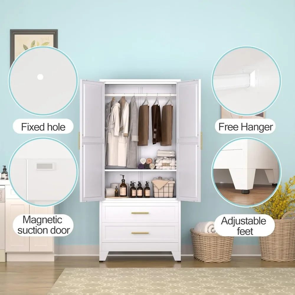 No-EN-Name-Null Modern Rectangle Large White-Black-Gray Two Door Storage Closet Adjustable Shelves One Hanging Steel Metal Rail Rod Two Sliding Drawers Armoire Wardrobes/ Size: 17.72"D x 31.5"W x 70.87"H