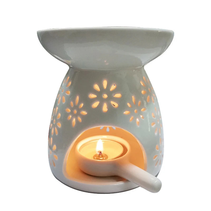 No-EN-Name-Null Decorative Small White Ceramic Floral Flower Design Heat-Resistant Essential Oil Burner-Wax Melting-Tea Light Candle-Diffuser Candle Holders/With 3 Ceramic Spoons