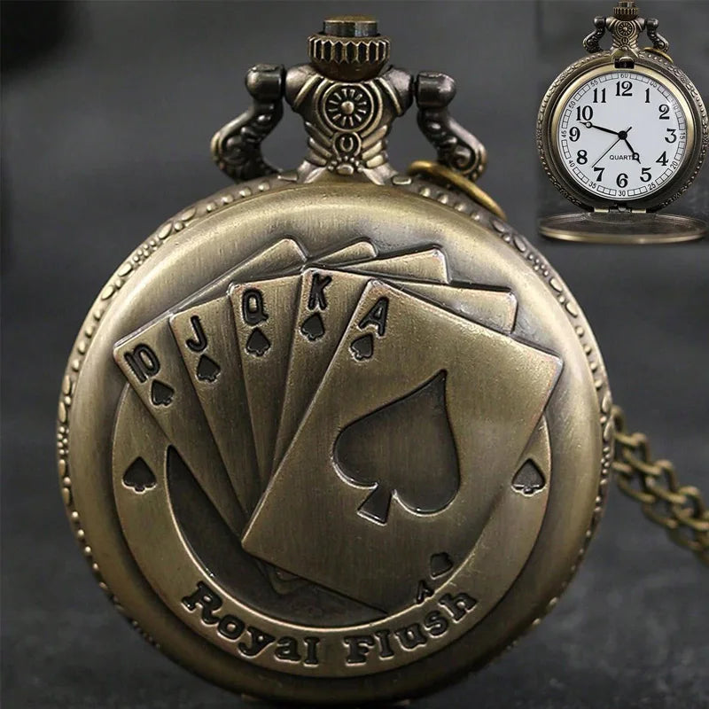 DEYROS Adults Quartz Analog Display Abrasion-Resistant Glass Face Gold-Bronze Round Shaped Metal Case Necklace Ball Chain-Pocket Watches