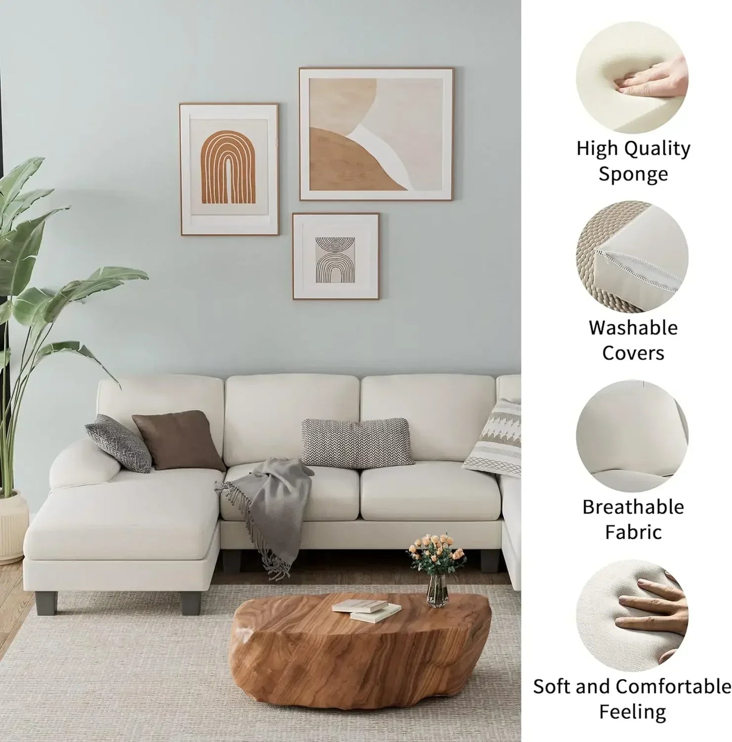 No-EN-Name-Null Modern Soft White U-Shaped Breathable Futon Fabric Solid Wood Panel Frame Double Chaise Medium Firmness Soft Comfortable Sectional Sofas/Washable Covers/4 Metal Legs