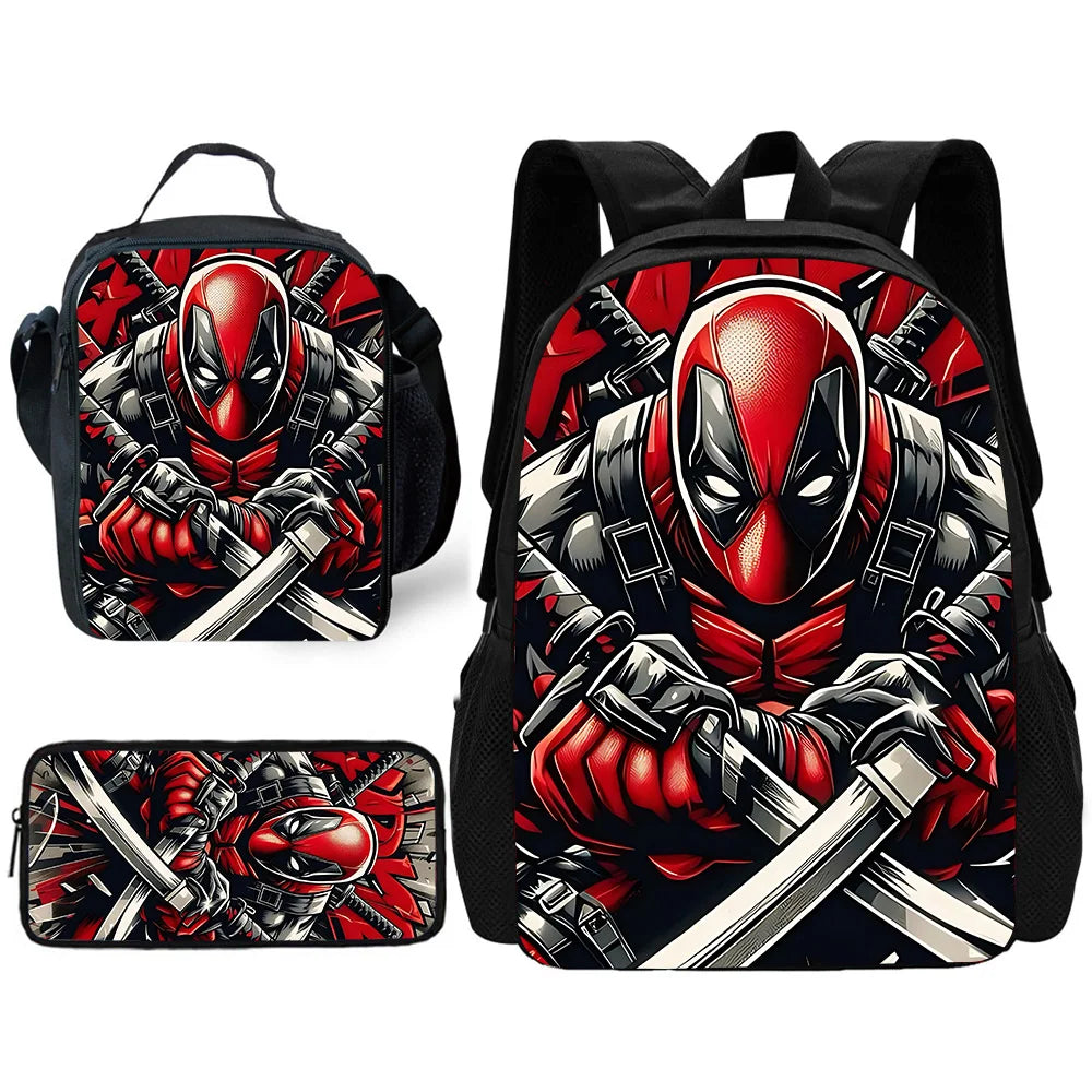 MINISO 3 PCS Waterproof Curved Back Nylon Fabric Cartoon Smiling Critters Super Hero Adjustable Straps-One Handle School Backpacks /Lunch Bags/Pencil Bag/Tablet Inserting Pocket/Water Bottle Pocket/Colors-Red/Black/Purple/Multicolor