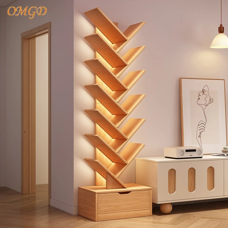 OMGD Modern Brown Wood-Panels One Drawer Box Base Free-Standing Living Room Small Tree-Like Shelves-Ladder Bookcases/Colors-Blue/Brown/White