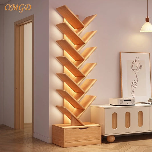 OMGD Modern Brown Wood-Panels One Drawer Box Base Free-Standing Living Room Small Tree-Like Shelves-Ladder Bookcases/Colors-Blue/Brown/White