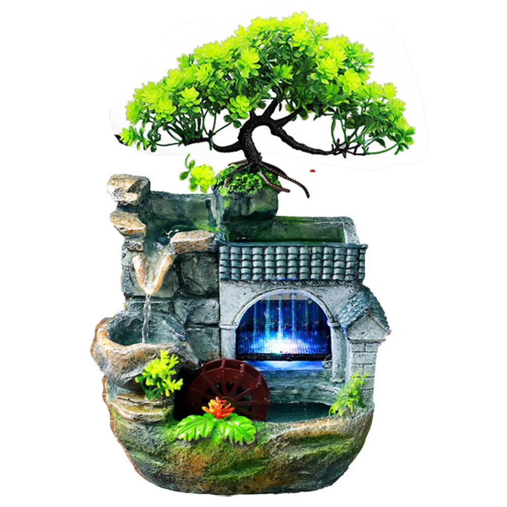 Waterfall Fountain Indoor Home Decor Feng Shui Desktop Small Rockery Simulation Tree Resin Ornaments Crafts with Led Light Gifts