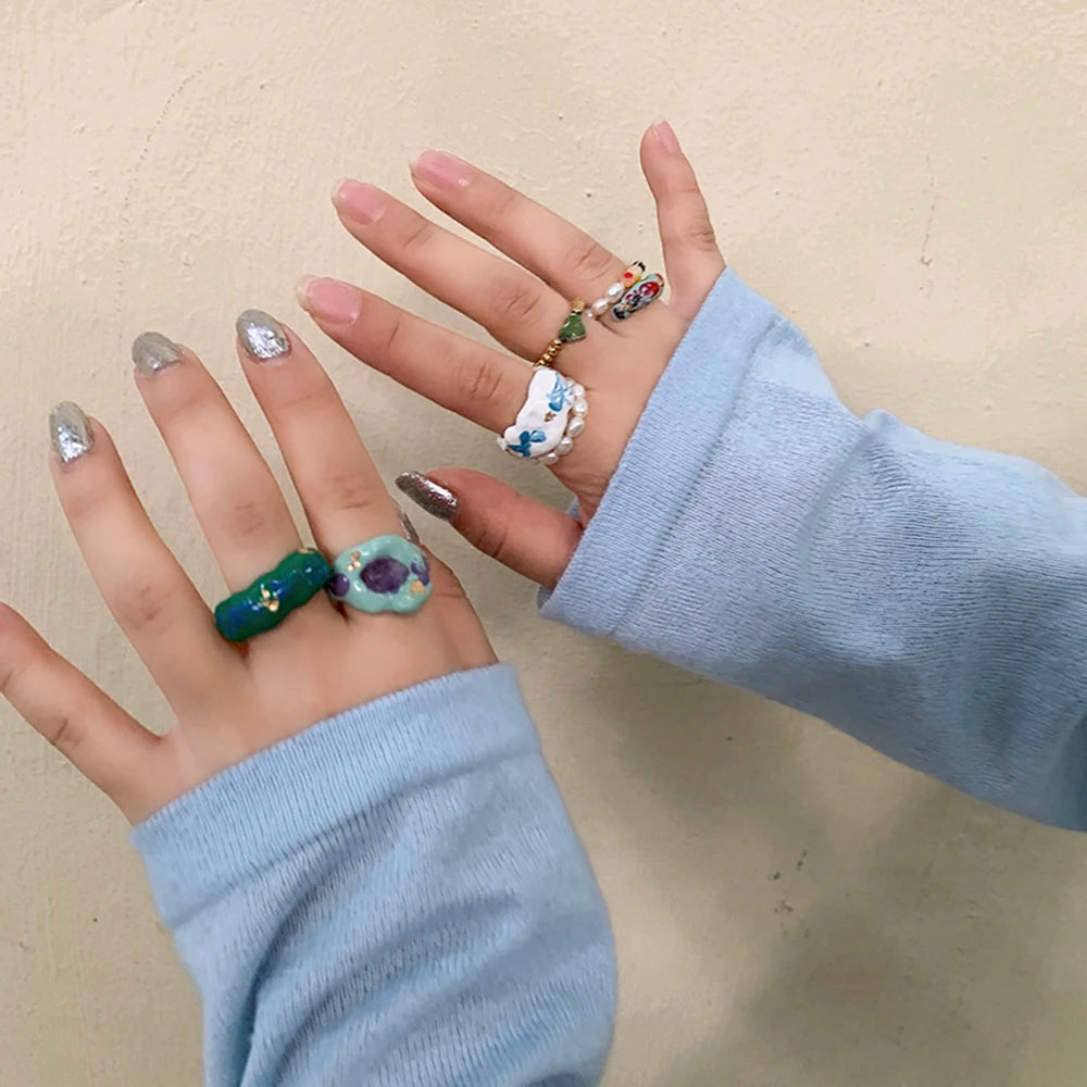 No-EN-Name-Null Adult Women Fine Imitation ONE SIZE Aluminum Metal Multicolor Geometric Couples Stackable Wedding Bands Dripping Oil Design Decorative Rings/Colors-Multicolor/Gold/Floral/Geometric