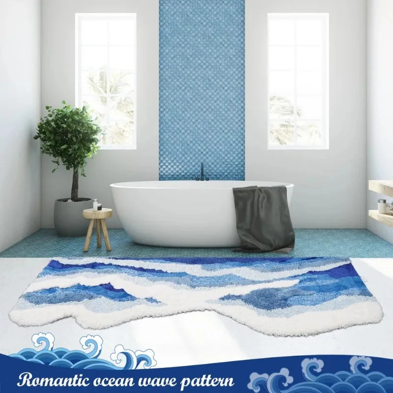 No-EN-Name-Null Indoor Modern Waterproof Washable Machine-Made Blue-White-Gray Soft Polyester Fabric Fade Resistant Coastal Aesthetic Blue Ocean Waves Anti-Slip Base Tufted Rugs/ 3 Sizes:  50x80cm / 50x120cm /70x160cm/Colors-Blue/White/Gray/Multicolor