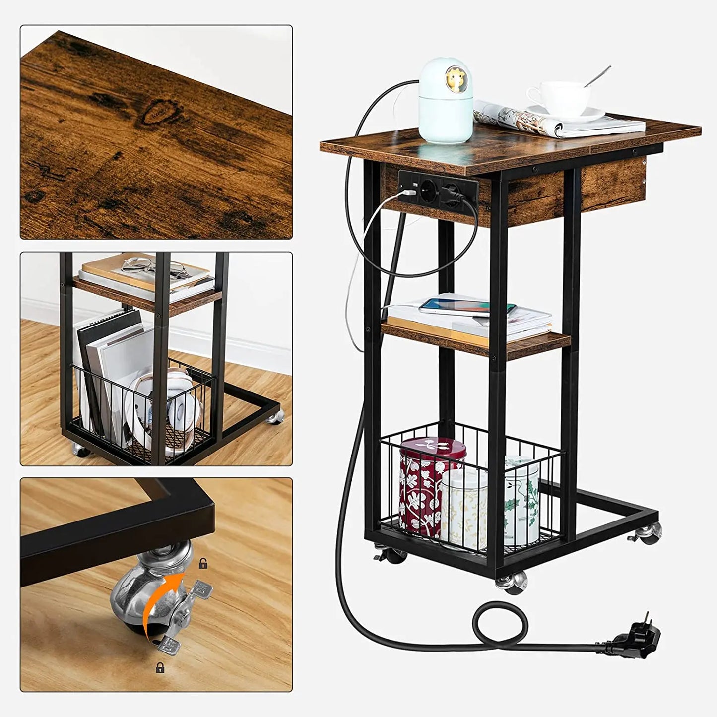 HOOBRO Rectangle Shaped Rustic Brown Wood Clamshell Tabletop Black Metal Flip C Shape Base End Tables/ 2-USB Ports Charging Station/ 4-Wheels-2-Shelves/2-AC Outlets