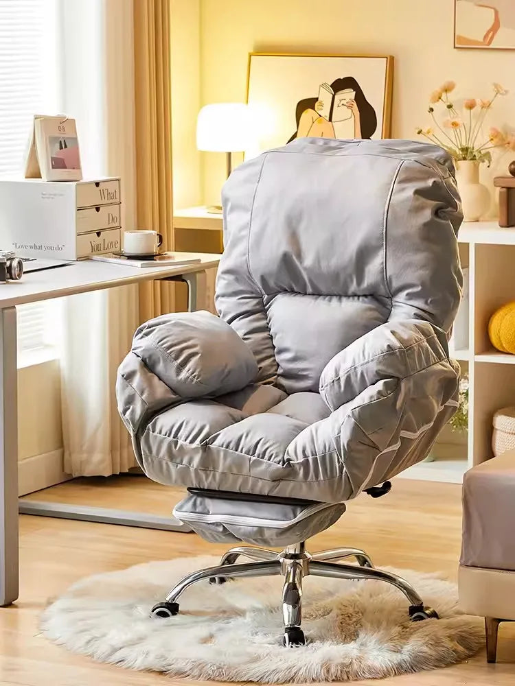 No-EN-Name-Null Mahjong Beige Upholstered Soft Plush Comfortable Fabric Adjustable Rotating Armed Five-Point Metal Four Roller Wheels Base Computer Office Chairs/Pull-Out Footrest/ Colors-Gray/Pink/White/Blue/Beige
