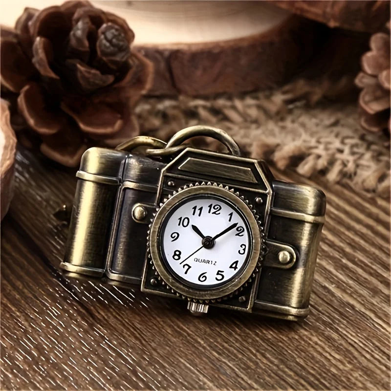 No-EN-Name-Null All Ages Adults Classic Antique Quartz Analog Display Brown-Bronze Cute Cartoon Retro Camera Shaped Design Backpack Keychain Pocket Watches