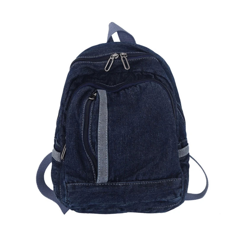 BAELLERRY Light Blue-Deep Blue Denim Jeans Fabric External Metal Zippers-Pockets Canvas Lining One Handle-Two Adjustable Shoulder Straps Large Main Compartment School Backpacks/Water Bottle Holder