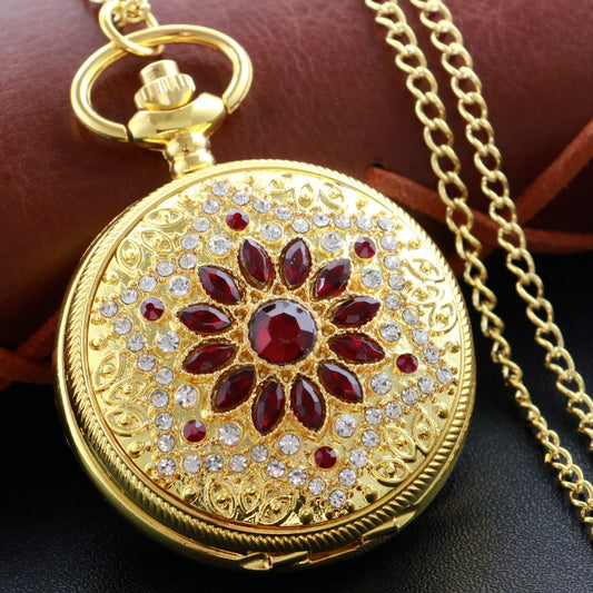 SHUHANG Adults Quartz Analog-Digital Display Gold-Red Ruby Stones On Front-Floral Design On Back Round Shaped Stainless Steel Metal Case Hardlex Face Necklace Chain-Pocket Watches