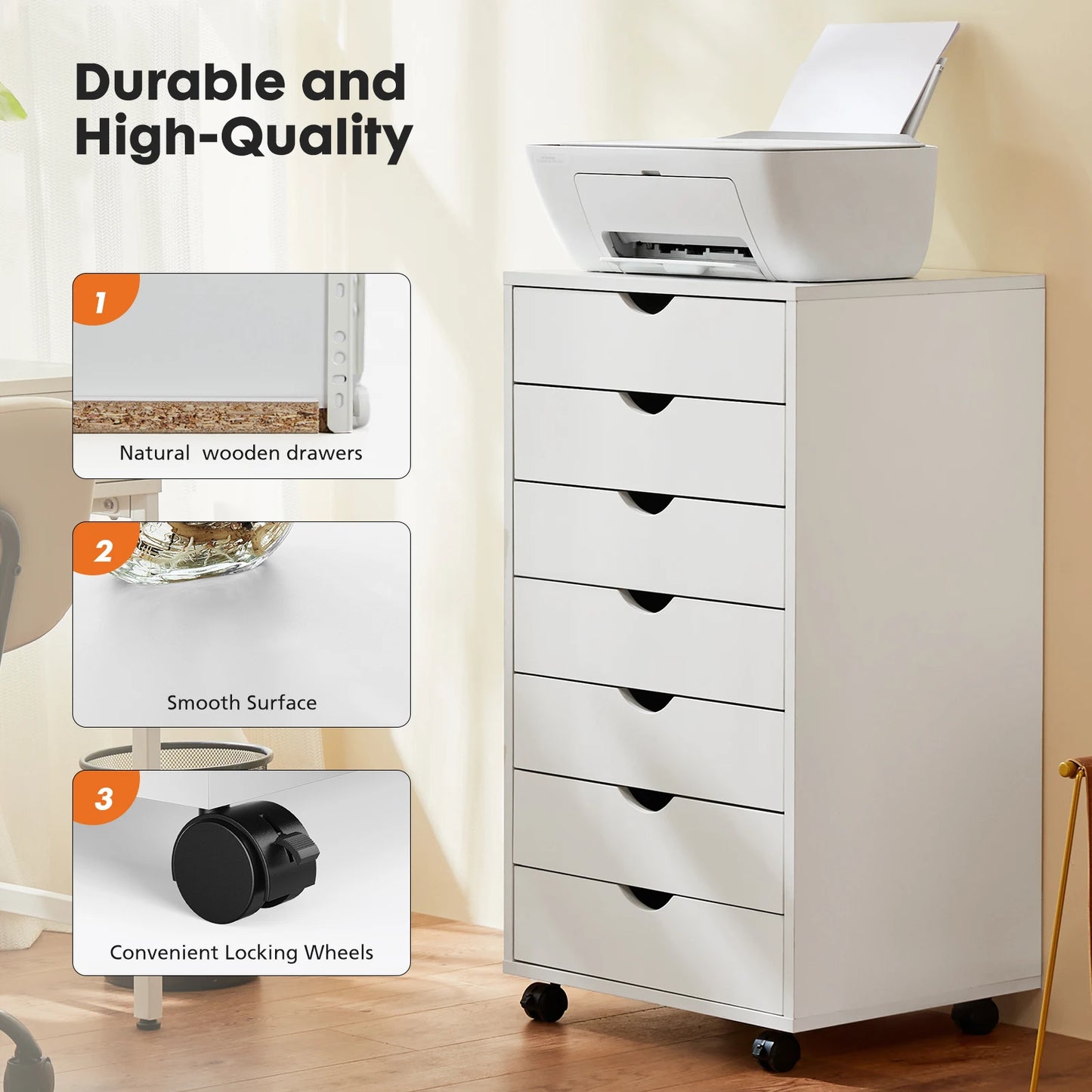 JHK Modern Tall Large White-Black Wood Metal Sliding Seven Drawers Two Brakes Four Black Plastic Locking Wheels Dressers/Sizes: L 15.75 x W 18.74 x H 34.25 Inch/Metal Gliding Fixtures On 7 Drawers