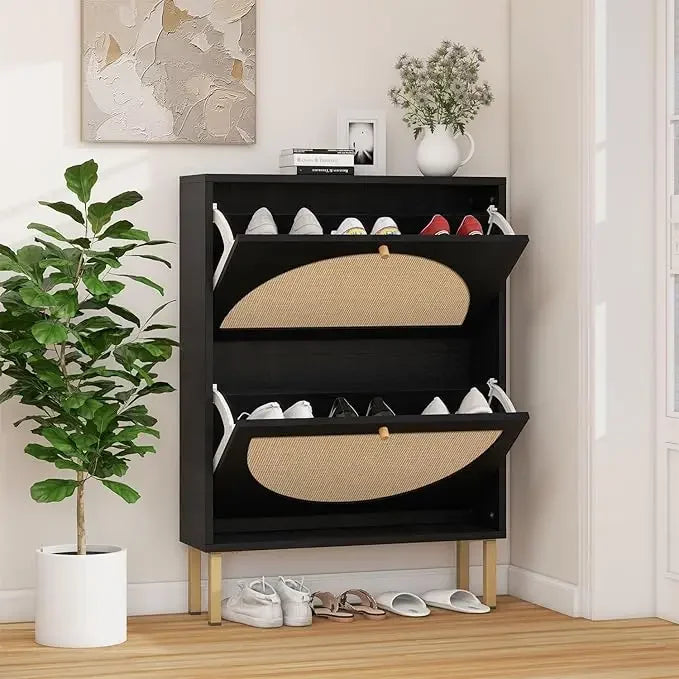 ANGDUO Indoor Beige-Black Natural Rattan 3 Tiers Flip-Out Drawers Free Standing Four Black Metal Feet Shoe Organizers/Product Dimension:9.45"D x 23.6"W x 48.9"H/ Product Weight:41lbs/Assembly Required/Storage Options Also