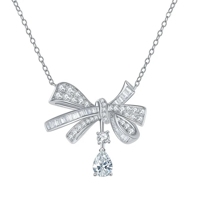Follow-Cloud Adult Women Fine Sterling Silver Gold-Plated Metal Handmade Teardrop Moissanite In The Center Shiny Bowknot Circle Pendant Round Clear White Imitation Diamond Stone Necklaces