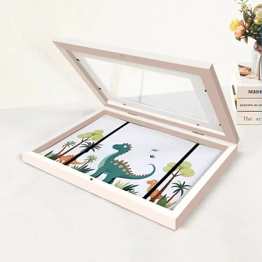 Kids Rectangle Wood Trim Acrylic Cover Artwork Display Magnetic Closure Picture Frames/Elastic Band/Colors-White/Black/Brown/Green/Pink