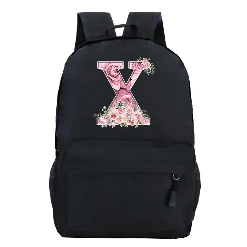 No-EN-Name-Null Waterproof Large Black Softback Nylon Fabric Printed Floral Pink Rose First Name Initial Letter Curved Back Zipper Canvas Lining Built-In Laptop Compartment Shoulder Straps-Handle Zippered External Pockets School Backpacks